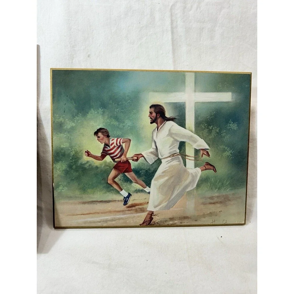 Vintage Christian Jesus Running Track Wall Plaque Religious Decor 9.5